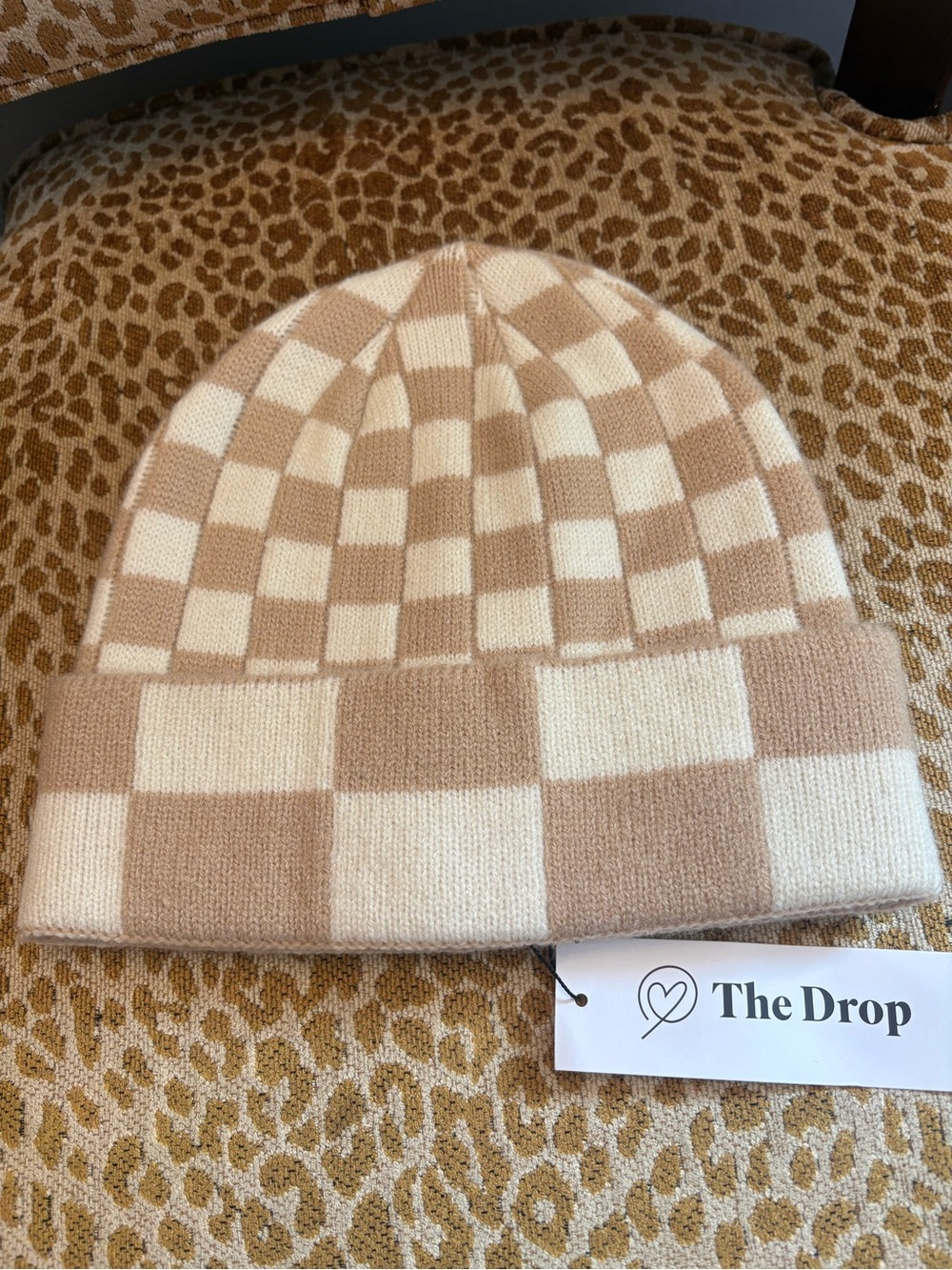 The Drop Women's Checkerboard Knit Beanie in Beige & Cream